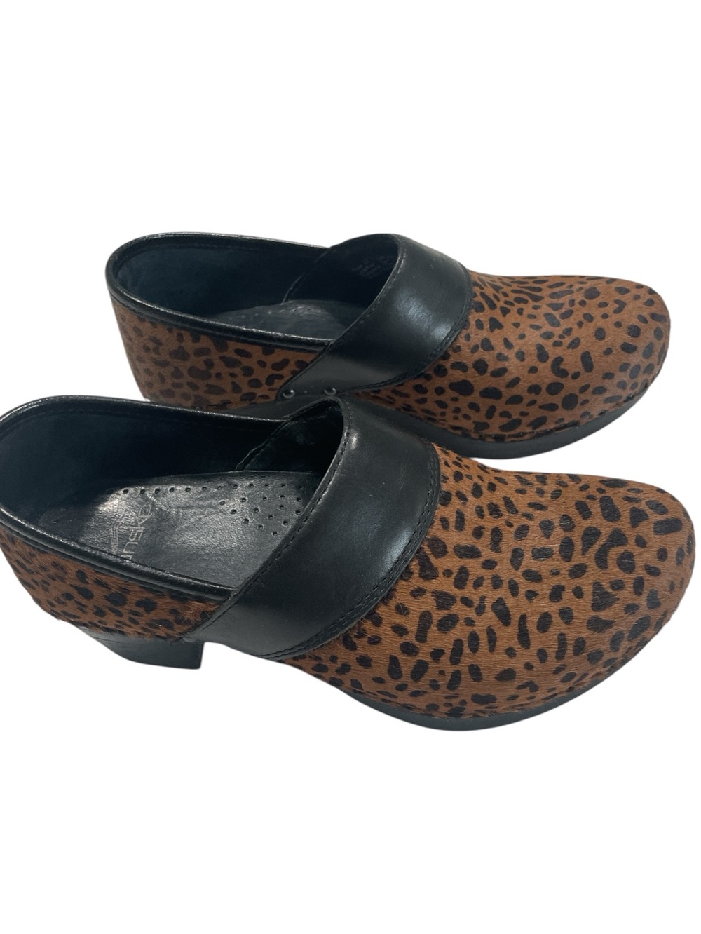 Dansko Leopard Prima Calf Hair Print Slip-On  ComforClogs with Trim size 37 (6.5
